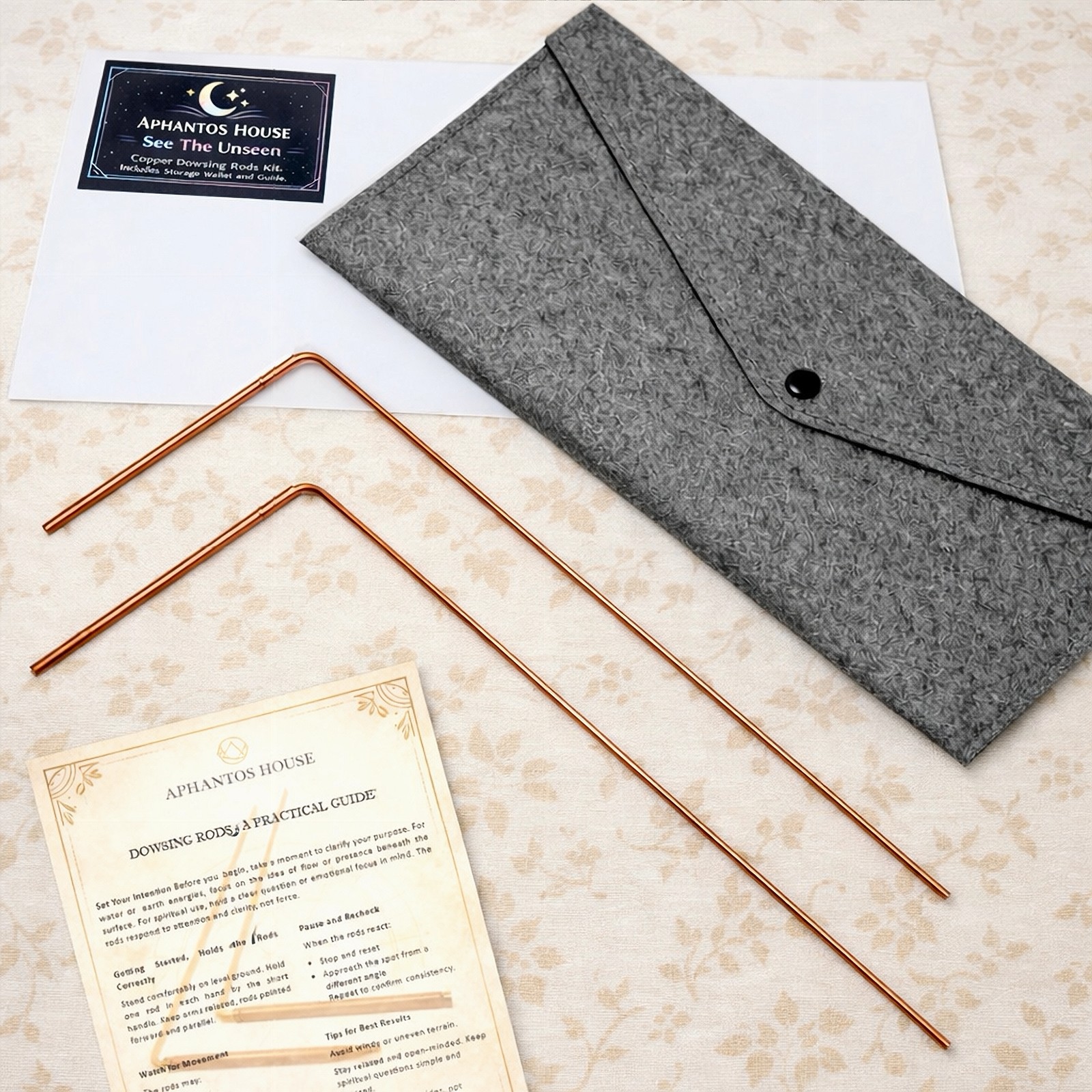 Aphantos House Copper Dowsing Rods Kit — rods, storage wallet, and instruction guide